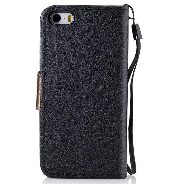 Silk Texture Bi-color Leather Wallet Phone Case for iPhone SE/5s/5 with Strap - Black