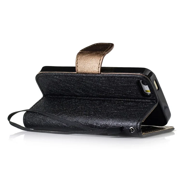 Silk Texture Bi-color Leather Wallet Phone Case for iPhone SE/5s/5 with Strap - Black