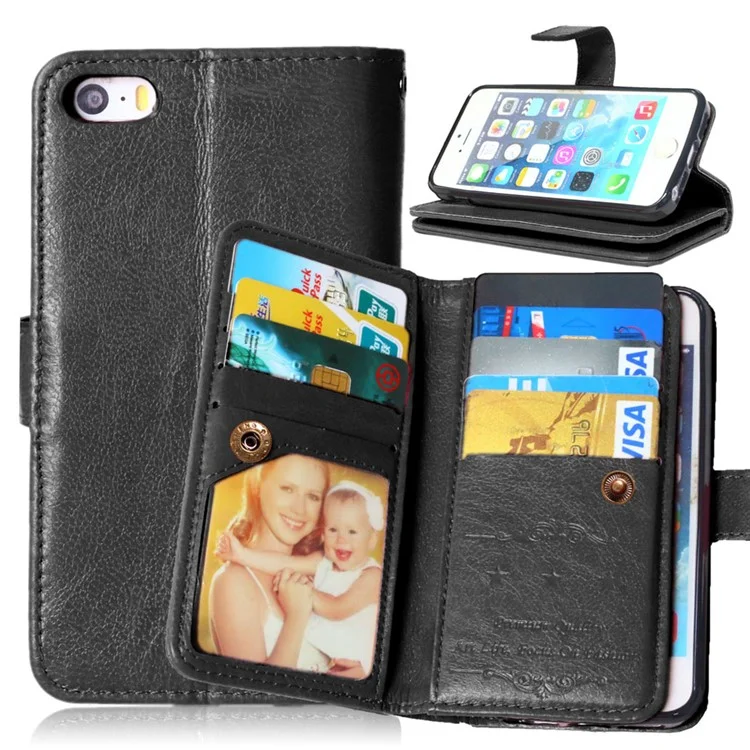 Crazy Horse 9 Card Slots Leather Wallet Case for iPhone SE / 5s / 5 - Black
