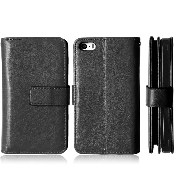 Crazy Horse 9 Card Slots Leather Wallet Case for iPhone SE / 5s / 5 - Black