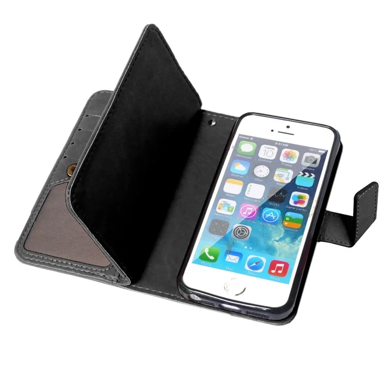 Crazy Horse 9 Card Slots Leather Wallet Case for iPhone SE / 5s / 5 - Black