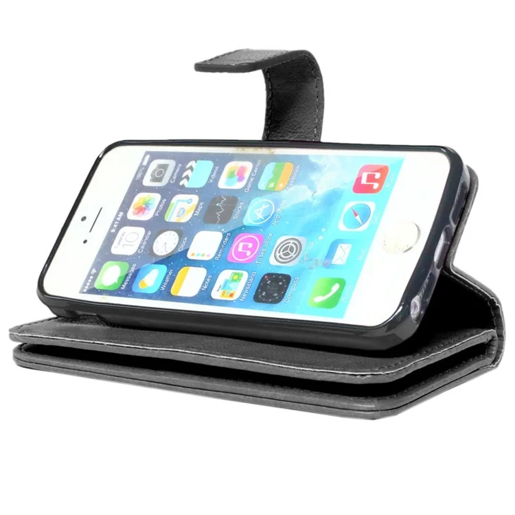 Crazy Horse 9 Card Slots Leather Wallet Case for iPhone SE / 5s / 5 - Black