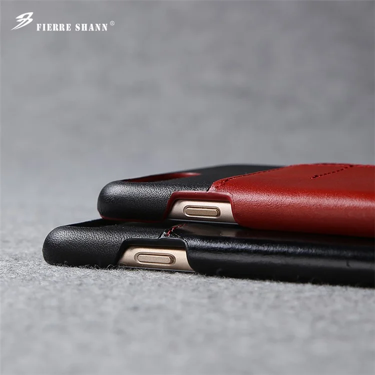 FIERRE SHANN Genuine Leather Skin Hard Cell Phone Cover for iPhone 8 / 7 with Card Slot - Black