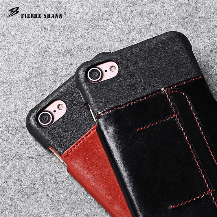 FIERRE SHANN Genuine Leather Skin Hard Cell Phone Cover for iPhone 8 / 7 with Card Slot - Black
