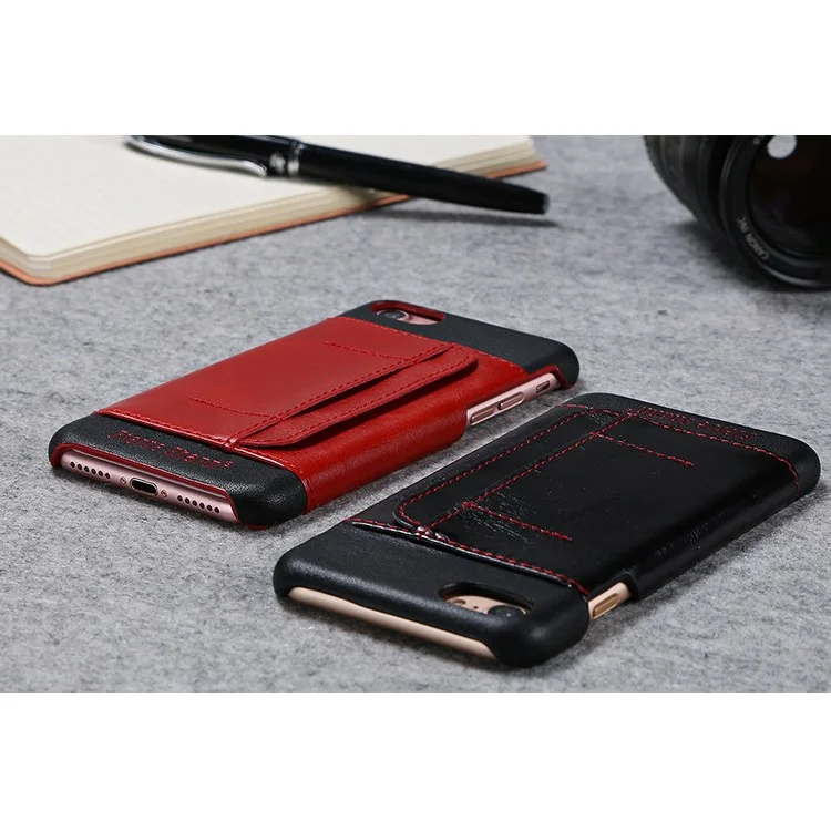 FIERRE SHANN Genuine Leather Skin Hard Cell Phone Cover for iPhone 8 / 7 with Card Slot - Black