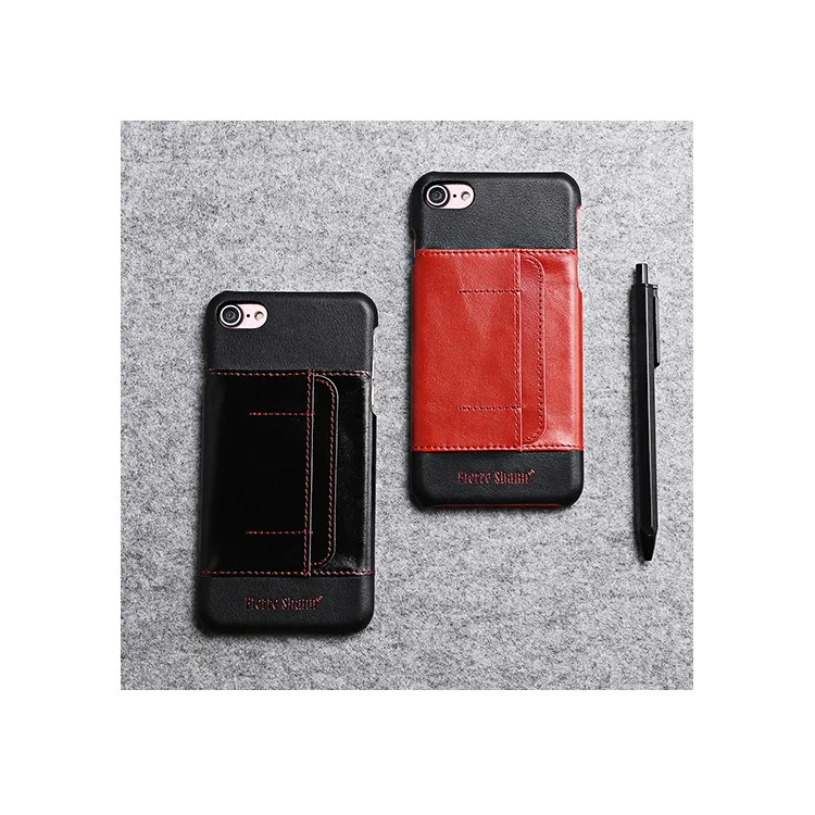 FIERRE SHANN Genuine Leather Skin Hard Cell Phone Cover for iPhone 8 / 7 with Card Slot - Black
