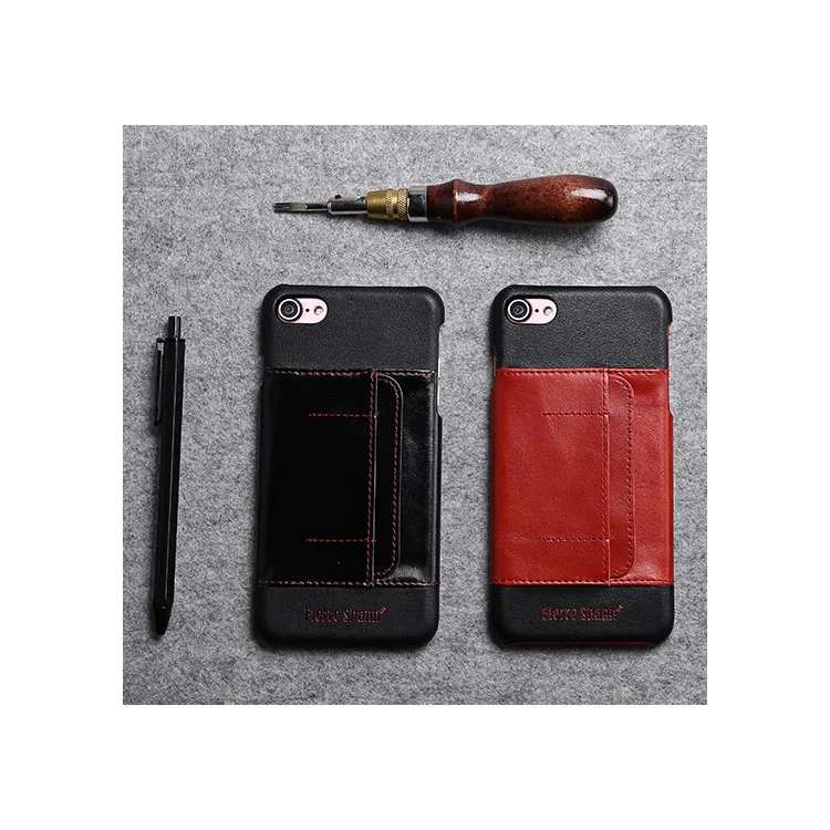 FIERRE SHANN Genuine Leather Skin Hard Cell Phone Cover for iPhone 8 / 7 with Card Slot - Black