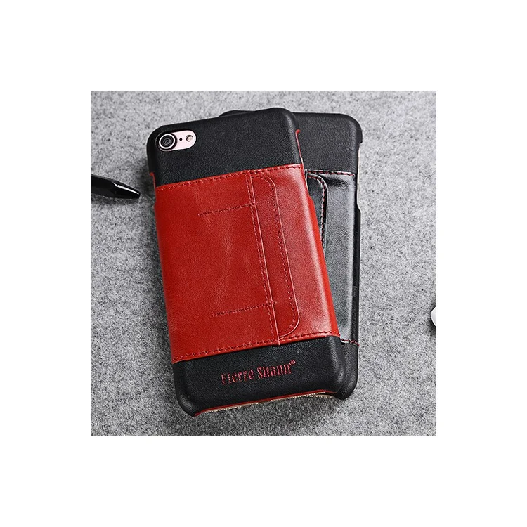 FIERRE SHANN Genuine Leather Skin Hard Cell Phone Cover for iPhone 8 / 7 with Card Slot - Black