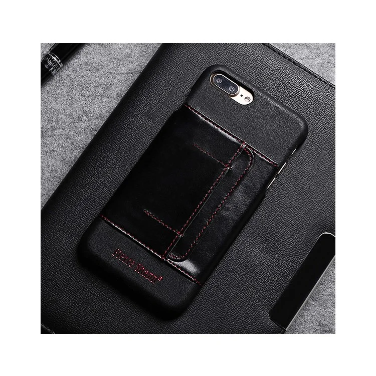 FIERRE SHANN Genuine Leather Coated Hard Phone Case for iPhone 8 Plus / 7 Plus with Card Slot - Black