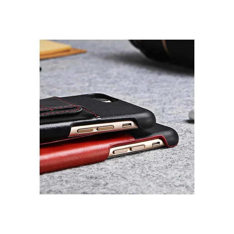 FIERRE SHANN Genuine Leather Coated Hard Phone Case for iPhone 8 Plus / 7 Plus with Card Slot - Black