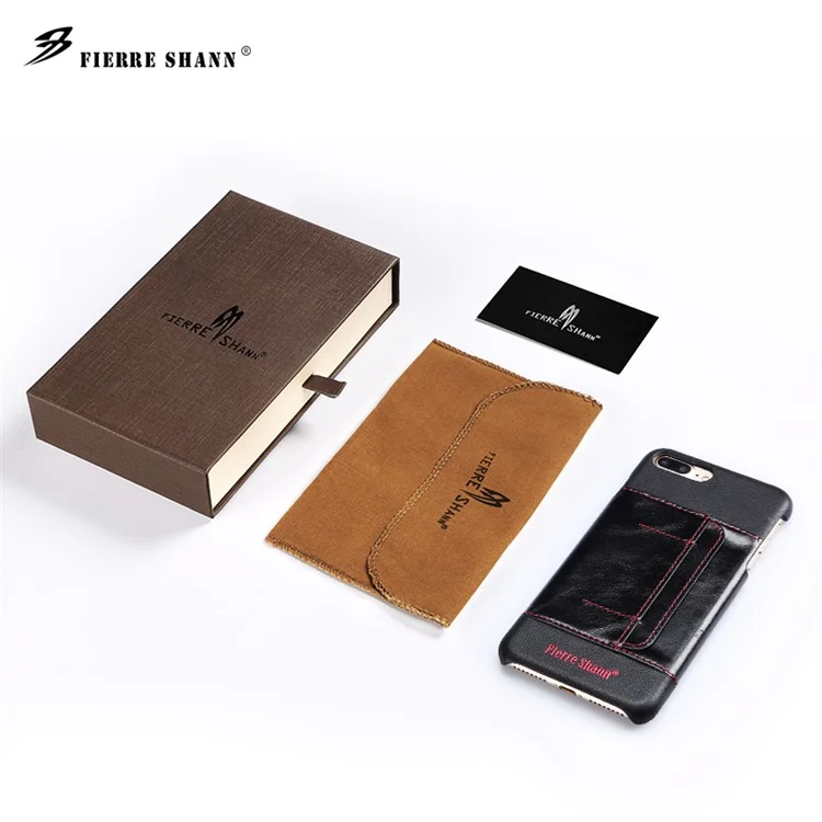 FIERRE SHANN Genuine Leather Coated Hard Phone Case for iPhone 8 Plus / 7 Plus with Card Slot - Black