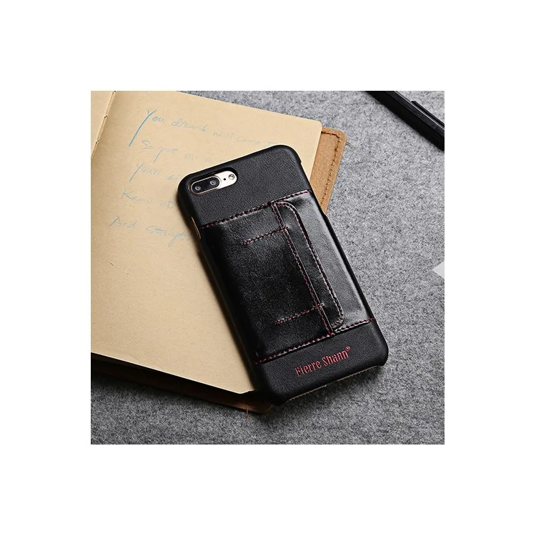 FIERRE SHANN Genuine Leather Coated Hard Phone Case for iPhone 8 Plus / 7 Plus with Card Slot - Black