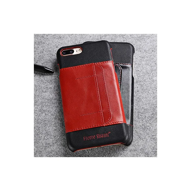 FIERRE SHANN Genuine Leather Coated Hard Phone Case for iPhone 8 Plus / 7 Plus with Card Slot - Black