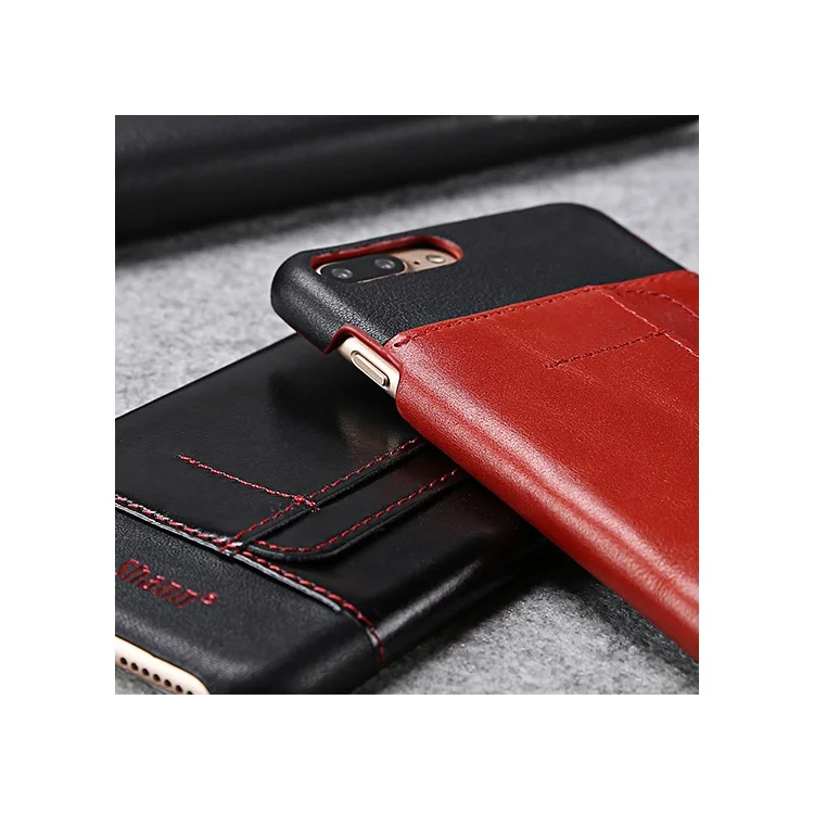 FIERRE SHANN Genuine Leather Coated Hard Phone Case for iPhone 8 Plus / 7 Plus with Card Slot - Black