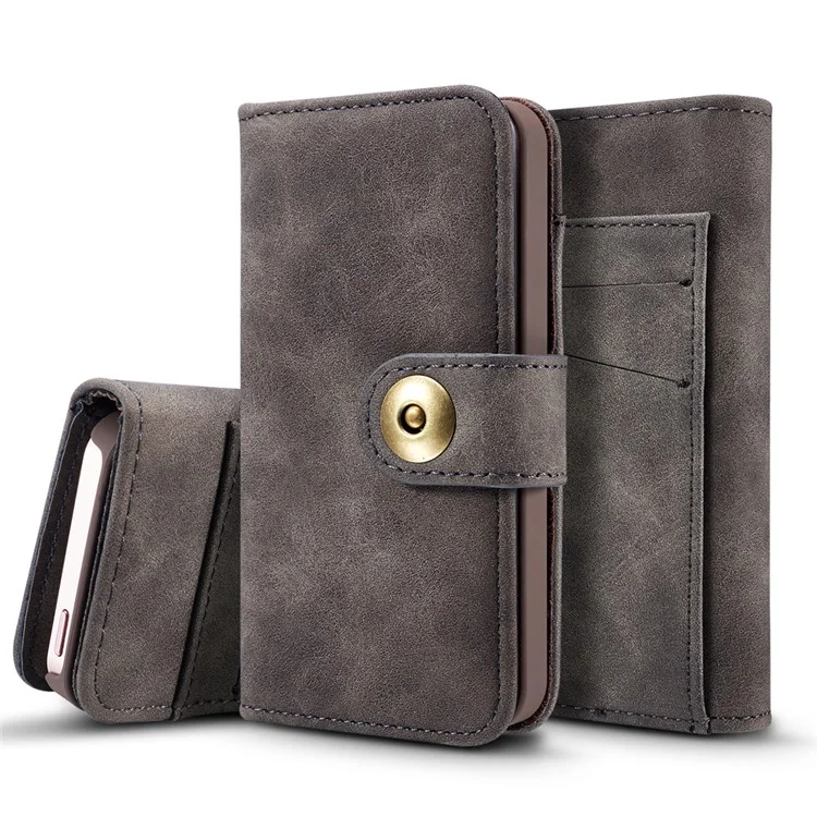 Detachable 2-in-1 Vintage Leather Wallet Cover + Inner Hard Case for iPhone SE 5s 5 - Grey