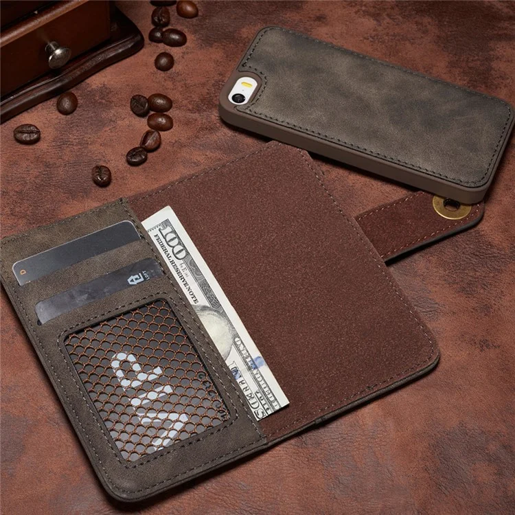 Detachable 2-in-1 Vintage Leather Wallet Cover + Inner Hard Case for iPhone SE 5s 5 - Grey