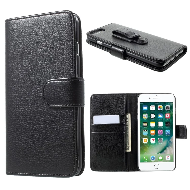 Litchi Texture Leather Wallet Mobile Phone Case with Belt Clip for iPhone 7 Plus 5.5 inch - Black