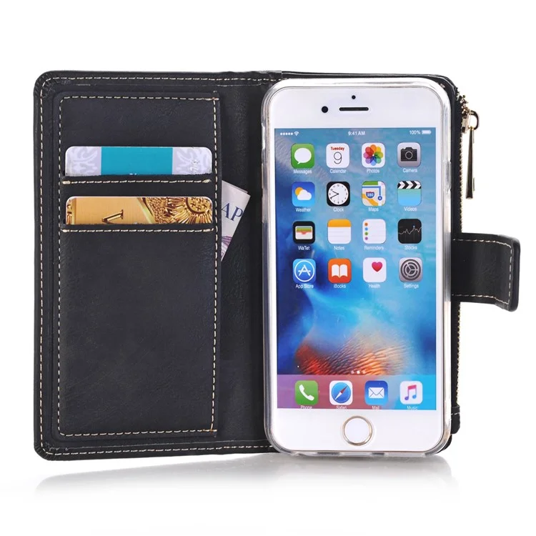 Matte Leather Zip Wallet Mobile Case Detachable 2-In-1 for iPhone 6s/6 4.7 - Black