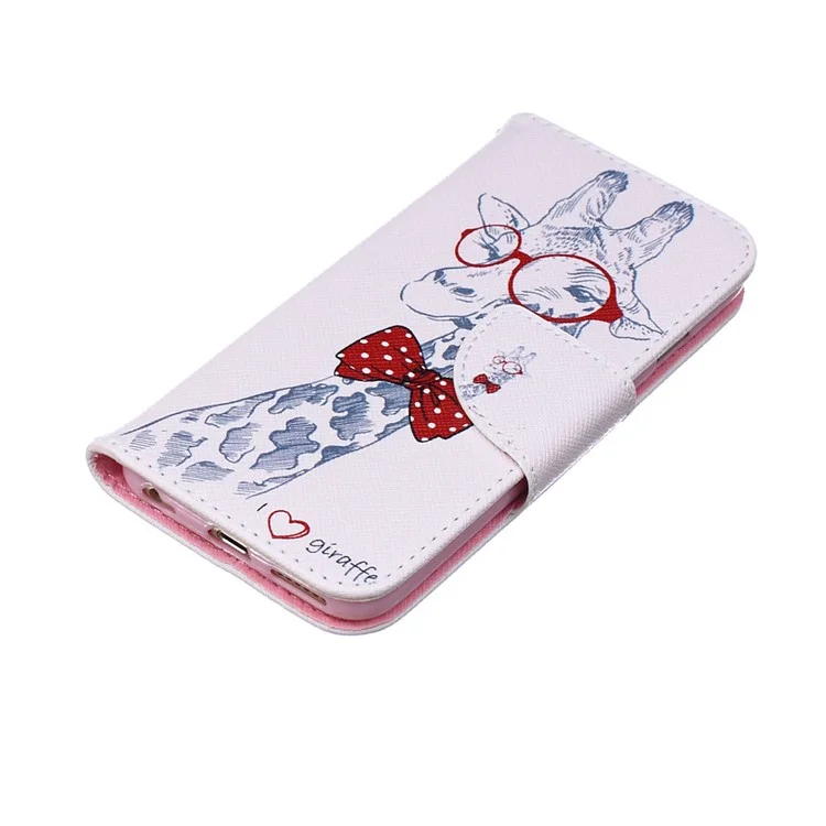 Portada de Billetera de Cuero Estampada Para Iphone 6s / 6 4.7 - Jirafa Con Bownot y Gafas