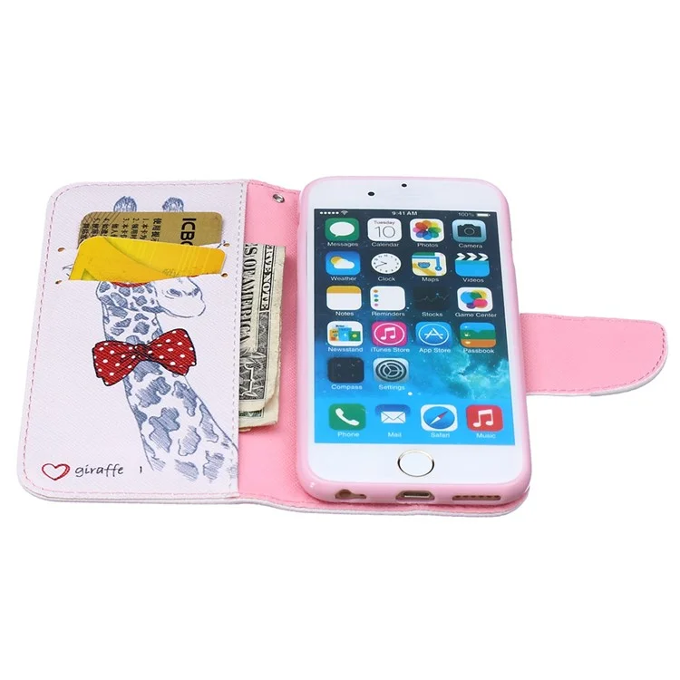 Patterned Leather Wallet Mobile Cover for iPhone 6s / 6 4.7 - Giraffe Wearing Bowknot and Glasses