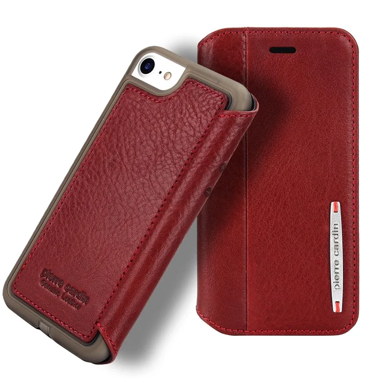 PIERRE CARDIN Litchi Texture Genuine Leather Card Slot Stand Mobile Case for iPhone 8 / 7 4.7 inch - Red