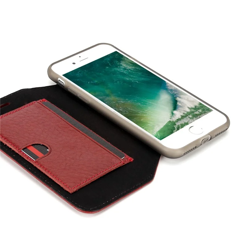 PIERRE CARDIN Litchi Texture Genuine Leather Card Slot Stand Mobile Case for iPhone 8 / 7 4.7 inch - Red