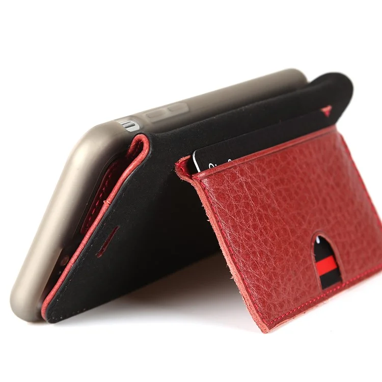 PIERRE CARDIN Litchi Texture Genuine Leather Card Slot Stand Mobile Case for iPhone 8 / 7 4.7 inch - Red