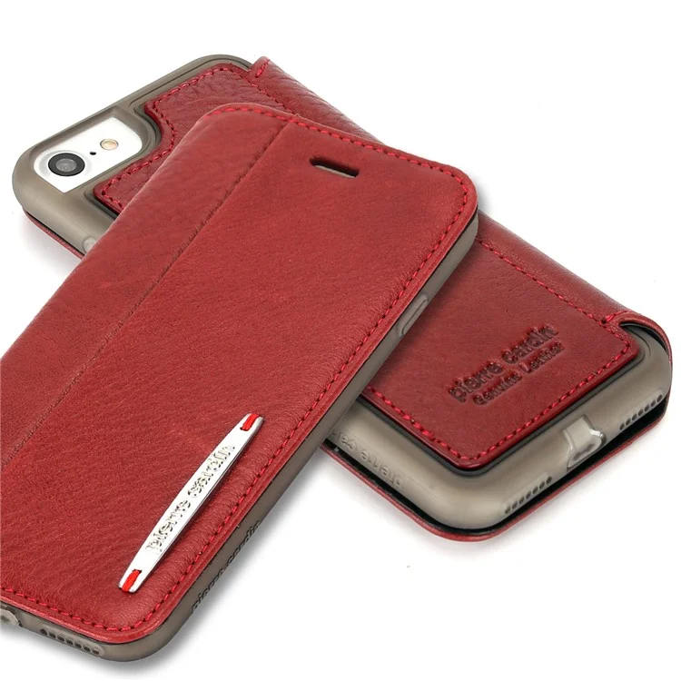 PIERRE CARDIN Litchi Texture Genuine Leather Card Slot Stand Mobile Case for iPhone 8 / 7 4.7 inch - Red