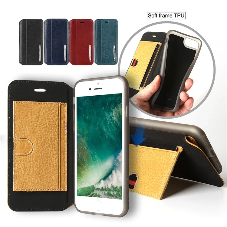 PIERRE CARDIN Litchi Texture Genuine Leather Card Slot Stand Mobile Case for iPhone 8 / 7 4.7 inch - Red