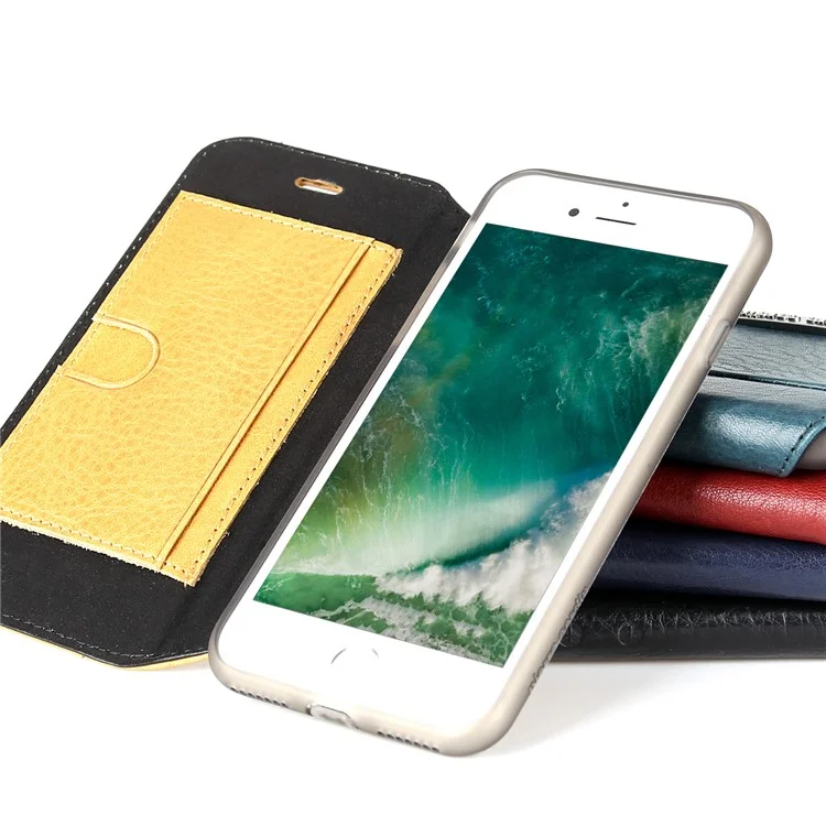 PIERRE CARDIN Litchi Texture Genuine Leather Card Slot Stand Mobile Case for iPhone 8 / 7 4.7 inch - Red