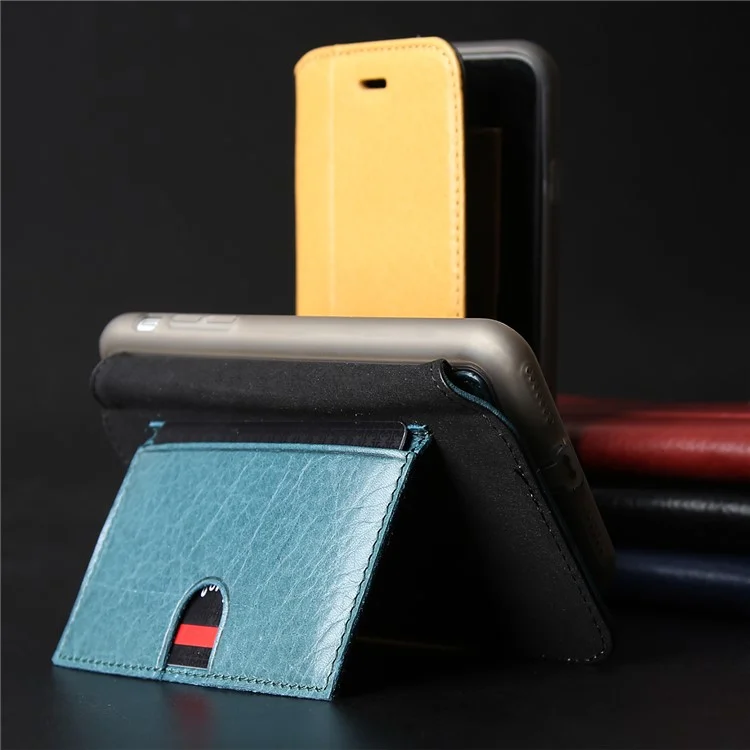 PIERRE CARDIN Litchi Texture Genuine Leather Card Slot Stand Mobile Case for iPhone 8 / 7 4.7 inch - Red