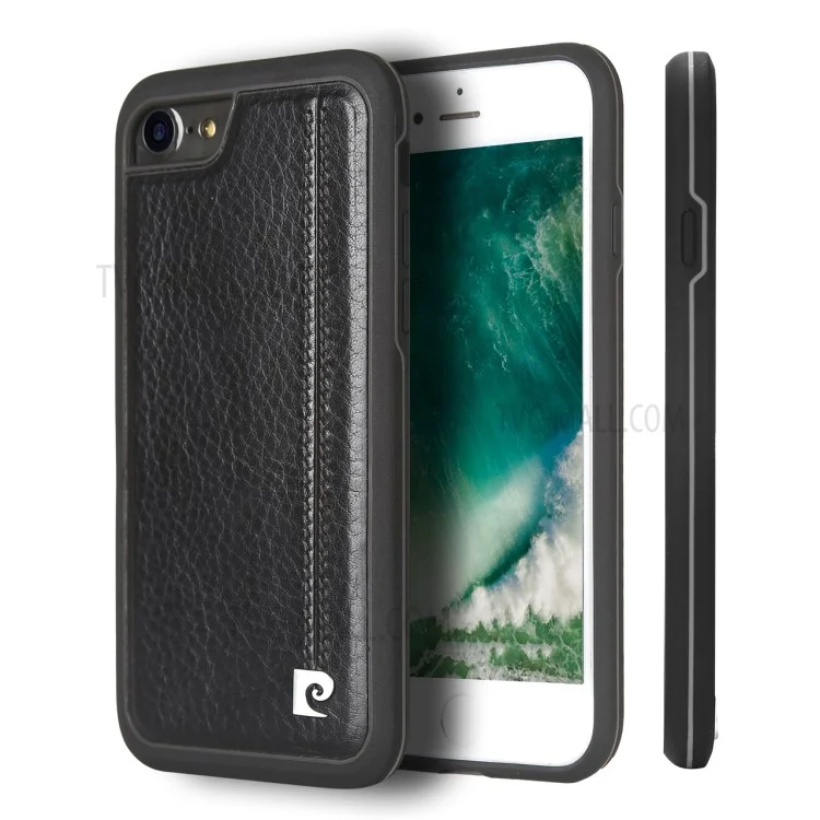 PIERRE CARDIN for iPhone 8/7 Stitched Genuine Leather Coated TPU + PC Hybrid Shell - Black
