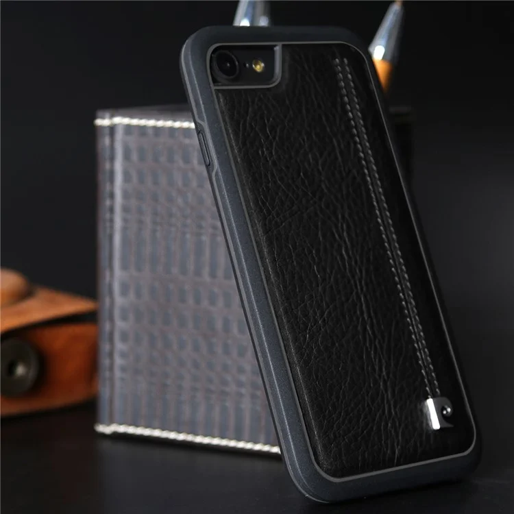 PIERRE CARDIN for iPhone 8/7 Stitched Genuine Leather Coated TPU + PC Hybrid Shell - Black
