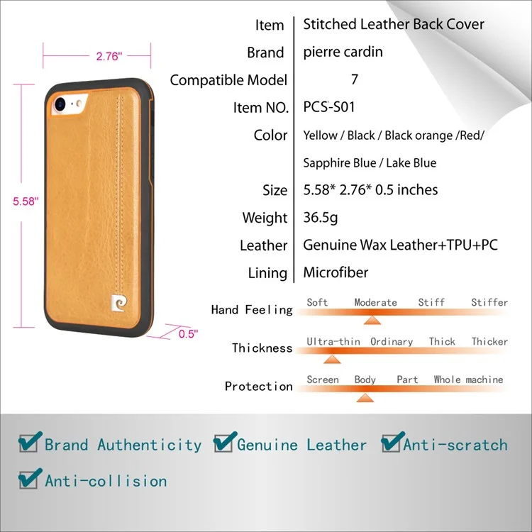 Pierre Cardin Pour Iphone SE (2020) / SE (2022) / 8/7 4,7 Pouces Case Hybride Cousue (cuir Authentique + TPU + PC) - Orange