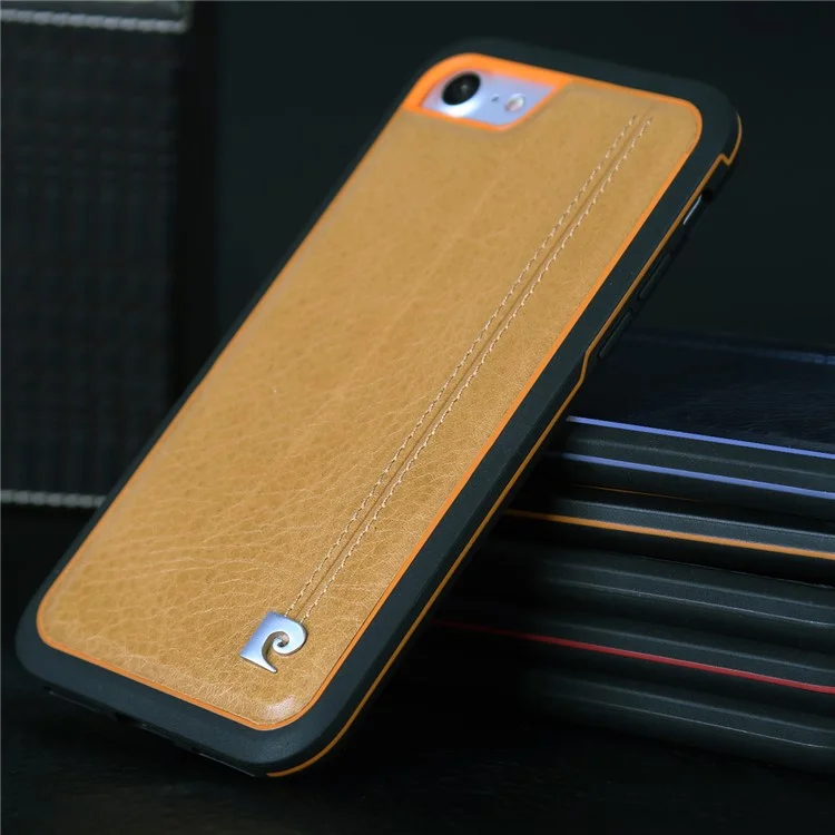 Pierre Cardin Para Iphone SE (2020)/SE (2022)/8/7 4.7 Pulgadas de Espalda Híbrida Cosida (cuero Genuino + TPU + PC) - Naranja