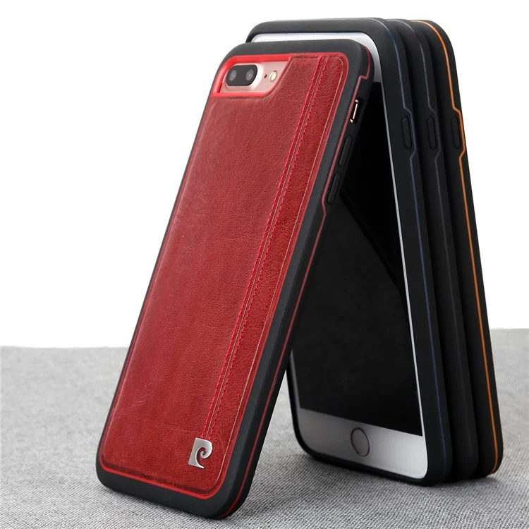PIERRE CARDIN Stitched Genuine Leather Coated TPU + PC Hybrid Case for iPhone 8 Plus / 7 Plus 5.5 inch - Black