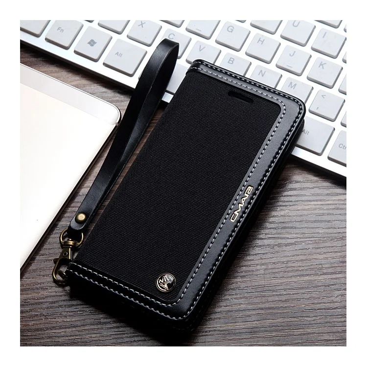CMAI2 Jeans Cloth Leather Wallet Case with Hand Strap for iPhone 8 / 7 4.7 inch - Black