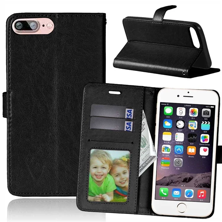 3 Card Slots Wallet Crazy Horse PU Leather Case for iPhone 8 Plus / 7 Plus 5.5 - Black