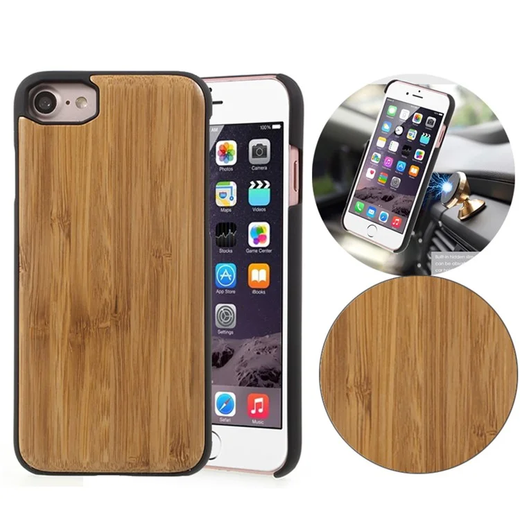 Natural Wooden Skin PC Case with Built-in Magnetic Holder Metal Sheet for iPhone 8 7 6s 6 4.7 - Bamboo