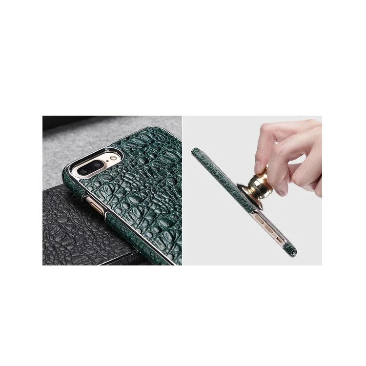 FIERRE SHANN Crocodile Grain Top-layer Cowhide Genuine Leather Coated PC Plated Case for iPhone 7 Plus - Black