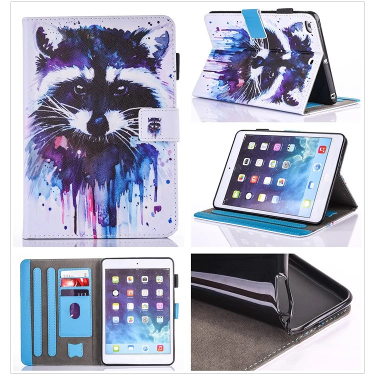 Printing Pattern Leather Multi-functional Cover with SIM/Credit Card Slots for iPad Mini 4 3 2 1 - Raccoon