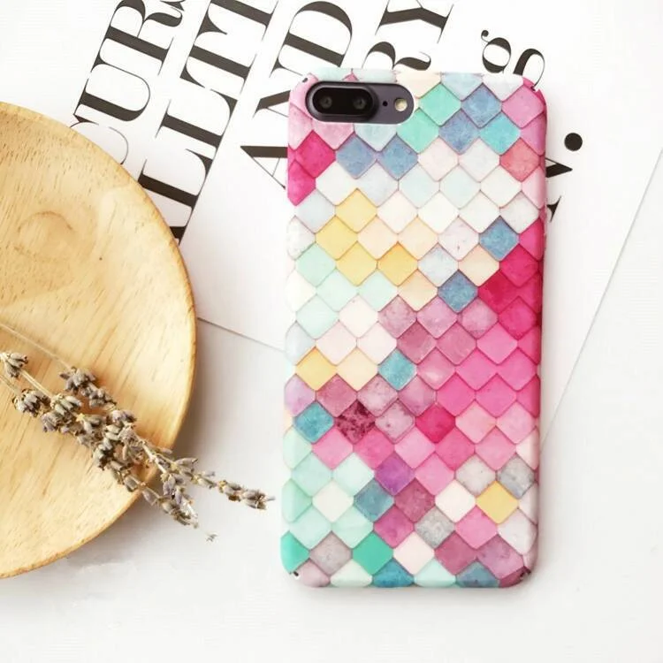 For iPhone 8 Plus / 7 Plus Matte Finish Embossed Multi-color Mermaid Scale Back Case