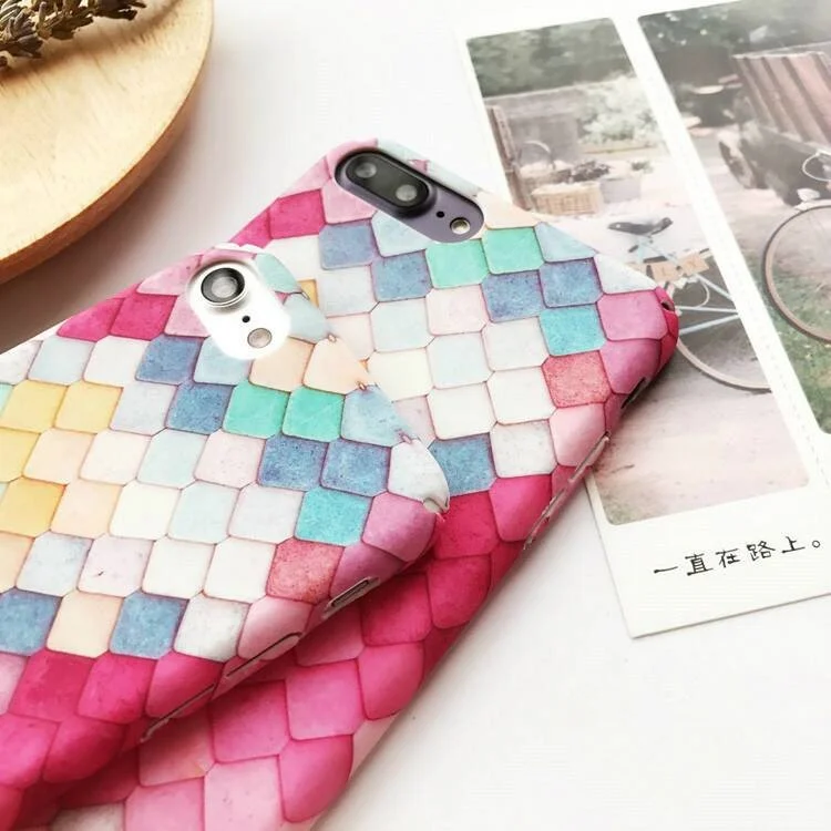 For iPhone 8 Plus / 7 Plus Matte Finish Embossed Multi-color Mermaid Scale Back Case