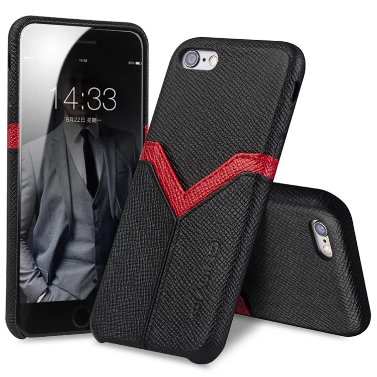 QIALINO Red V-shape Card Slot Cowhide Leather Coated PC Case for iPhone 6s 6 - Black
