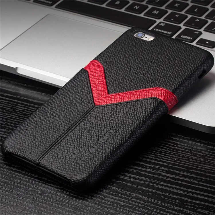 QIALINO Red V-shape Card Slot Cowhide Leather Coated PC Case for iPhone 6s 6 - Black
