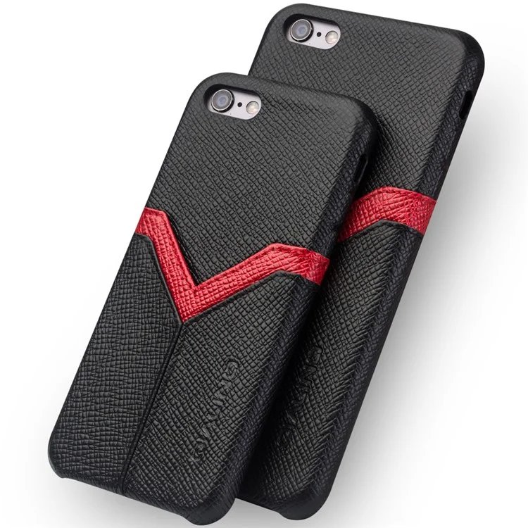 QIALINO Red V-shape Card Slot Cowhide Leather Coated PC Case for iPhone 6s 6 - Black