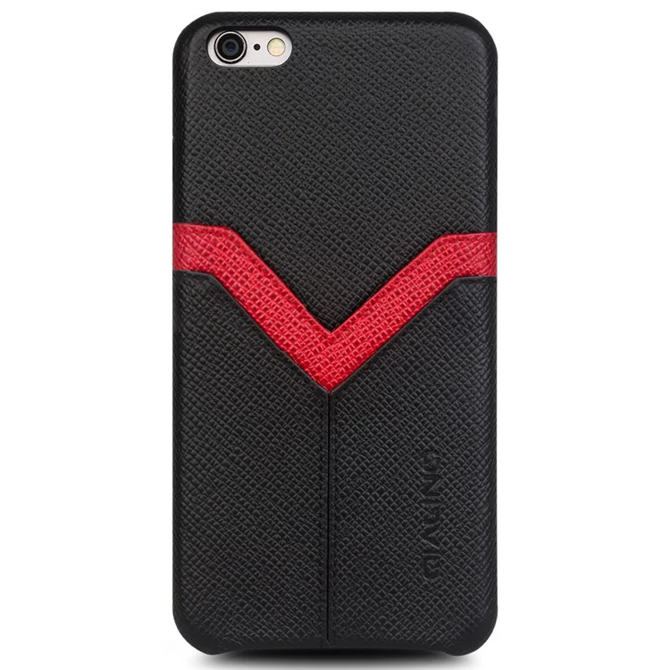 QIALINO Red V-shape Card Slot Cowhide Leather Coated PC Cover for iPhone 6s Plus / 6 Plus - Black