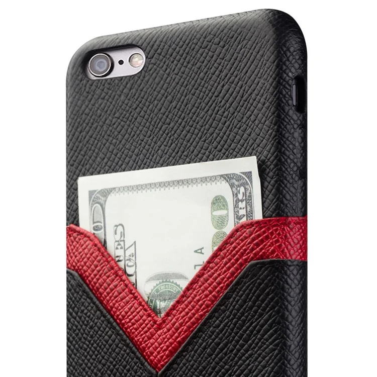 QIALINO Red V-shape Card Slot Cowhide Leather Coated PC Cover for iPhone 6s Plus / 6 Plus - Black