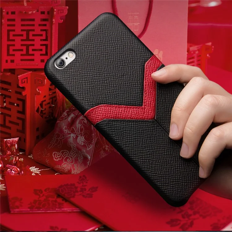 QIALINO Red V-shape Card Slot Cowhide Leather Coated PC Cover for iPhone 6s Plus / 6 Plus - Black