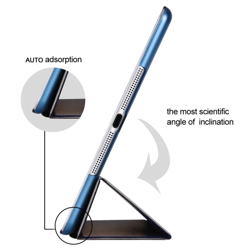 Voor iPad 9,7 inch (2018) / (2017) Magnetische Drievoudige Stand Leren Hoes Slimme Inschakelfunctie / Slaapmodus Tablet Cover - Donkerblauw